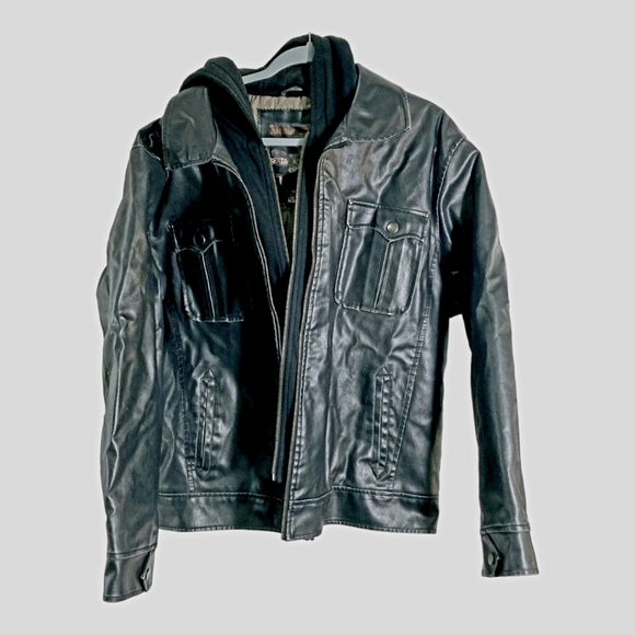 Men's *Brave Soul London Black Motorcycle Jacket w/ Attached Hood (Size XL) - Picture 5 of 5